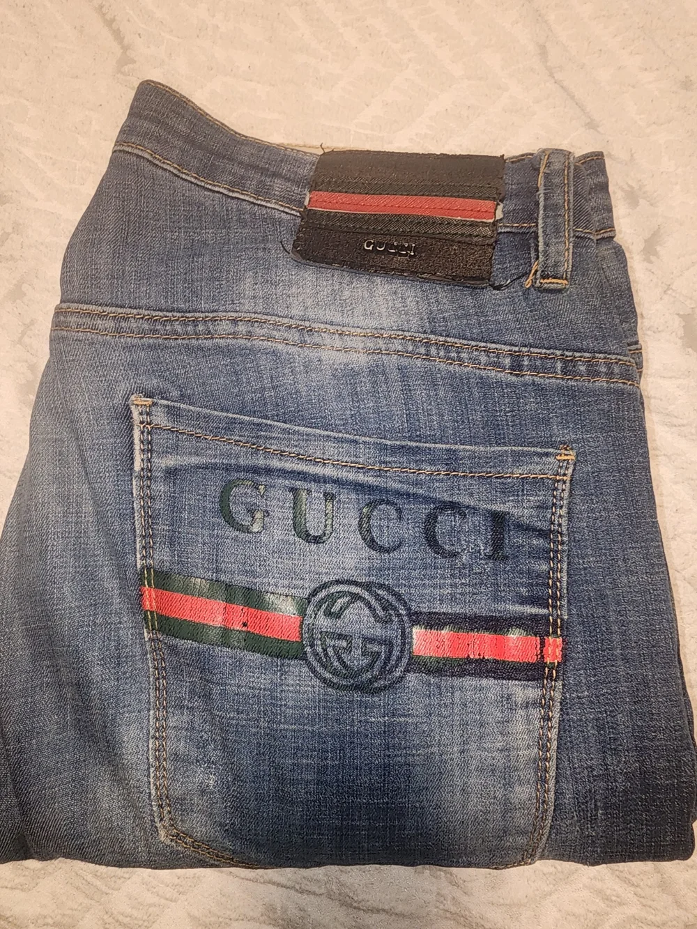 Gucci Men’s Blue Denim Jeans with Red-Green Web Stripe